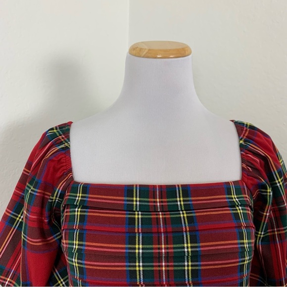 Francesca’s Plaid Peplum Smocked Puff Sleeve Top Sz S Red Holiday Short Sleeve - Picture 14 of 17